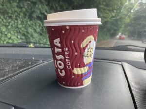 Christmas branded coffee cup. To be fair, probably old stock from last year. How many people buy double espresso's to go?